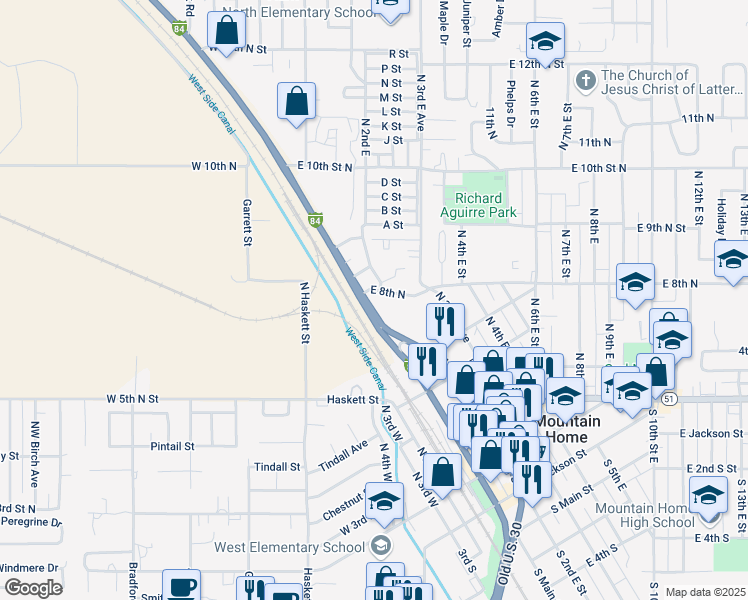 map of restaurants, bars, coffee shops, grocery stores, and more near 103 East 8th North in Mountain Home
