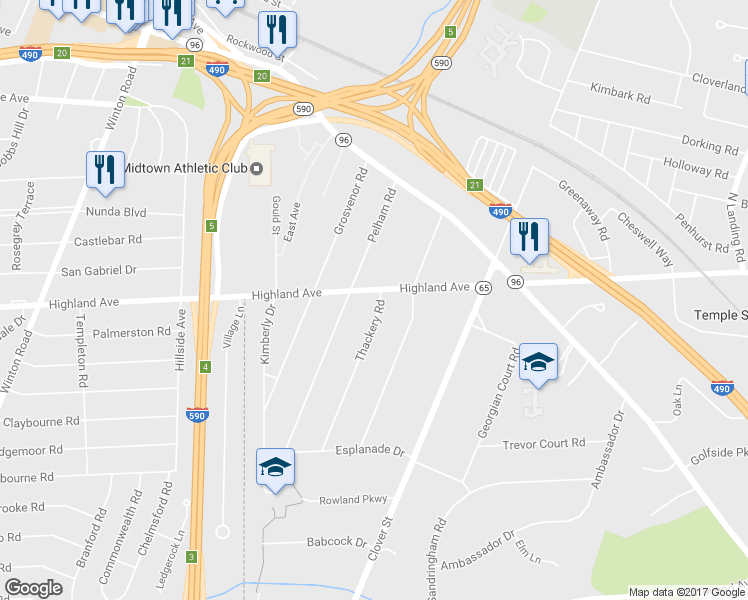 map of restaurants, bars, coffee shops, grocery stores, and more near 2525 Highland Avenue in Rochester