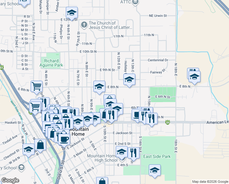 map of restaurants, bars, coffee shops, grocery stores, and more near 517 North 11th East Street in Mountain Home