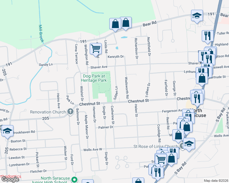 map of restaurants, bars, coffee shops, grocery stores, and more near 107 Edden Lane in Syracuse