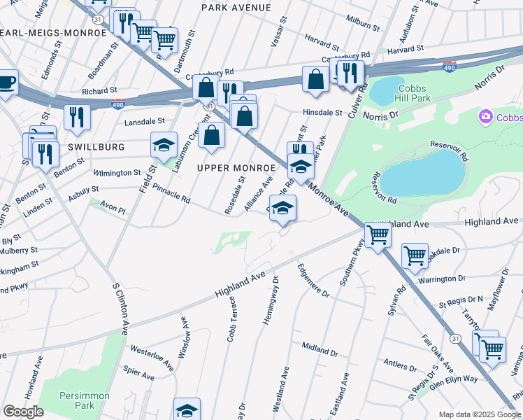 map of restaurants, bars, coffee shops, grocery stores, and more near 105 Pinnacle Road in Rochester