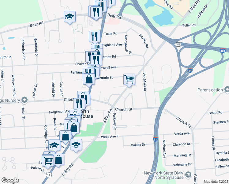 map of restaurants, bars, coffee shops, grocery stores, and more near 720 South Bay Road in North Syracuse