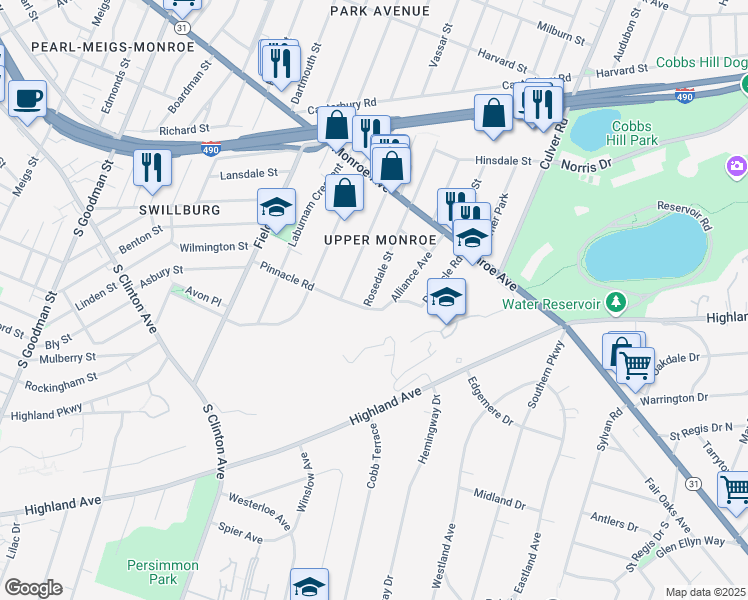 map of restaurants, bars, coffee shops, grocery stores, and more near 123 Pinnacle Road in Rochester
