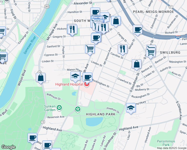 map of restaurants, bars, coffee shops, grocery stores, and more near 164 Oakland Street in Rochester