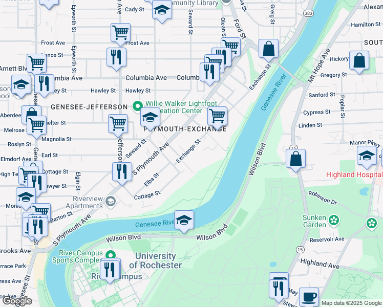 map of restaurants, bars, coffee shops, grocery stores, and more near in Rochester