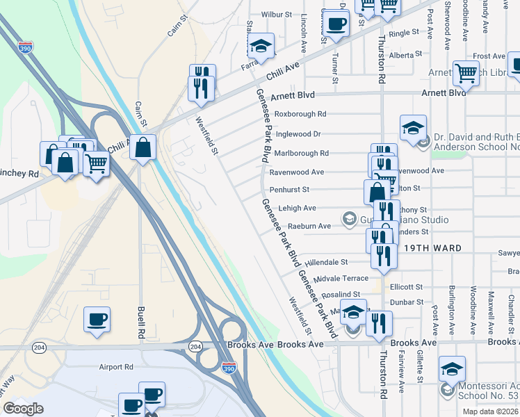 map of restaurants, bars, coffee shops, grocery stores, and more near 1024 Genesee Park Boulevard in Rochester