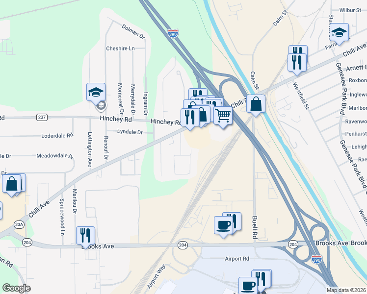 map of restaurants, bars, coffee shops, grocery stores, and more near 60 Frederick Drive in Rochester