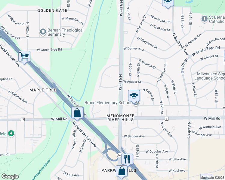 map of restaurants, bars, coffee shops, grocery stores, and more near 9115 West Riverwoods Drive in Milwaukee