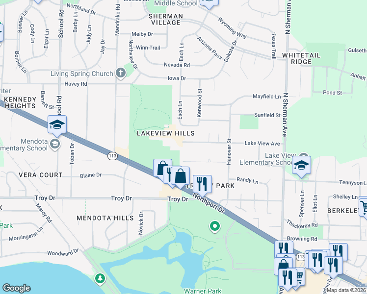 map of restaurants, bars, coffee shops, grocery stores, and more near 1417 Lake View Avenue in Madison