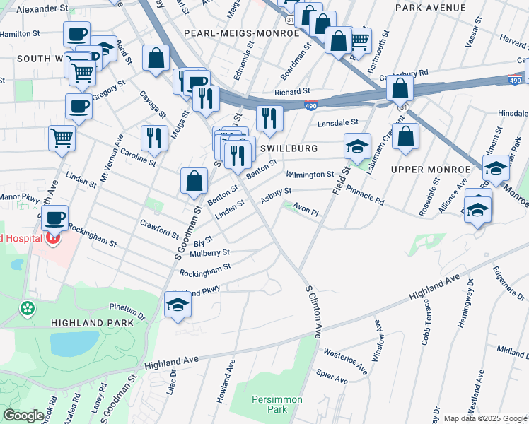 map of restaurants, bars, coffee shops, grocery stores, and more near 1104 South Clinton Avenue in Rochester