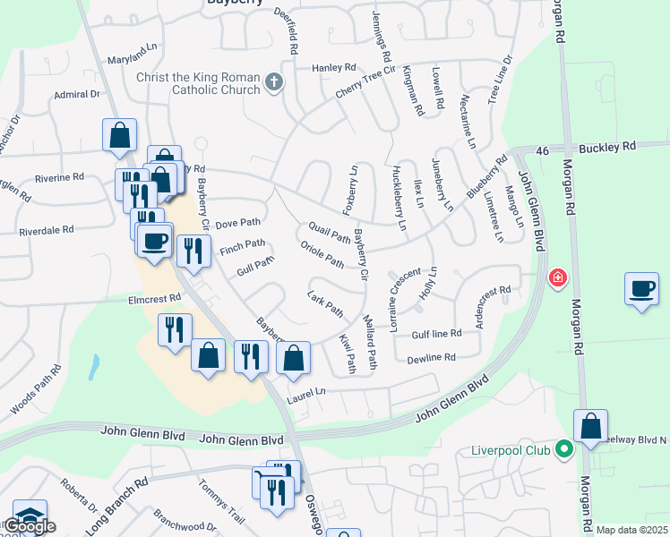 map of restaurants, bars, coffee shops, grocery stores, and more near 9 Oriole Path in Liverpool