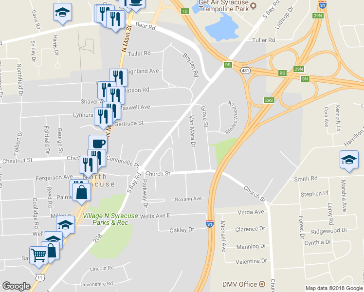 map of restaurants, bars, coffee shops, grocery stores, and more near 110 Postlamp Circle in Syracuse