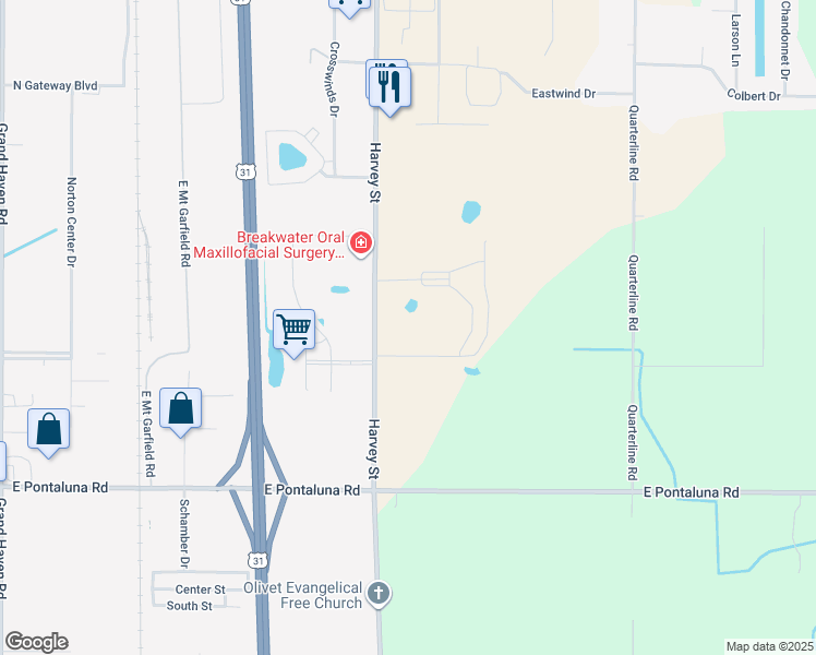 map of restaurants, bars, coffee shops, grocery stores, and more near 6334 Harvey Street in Muskegon