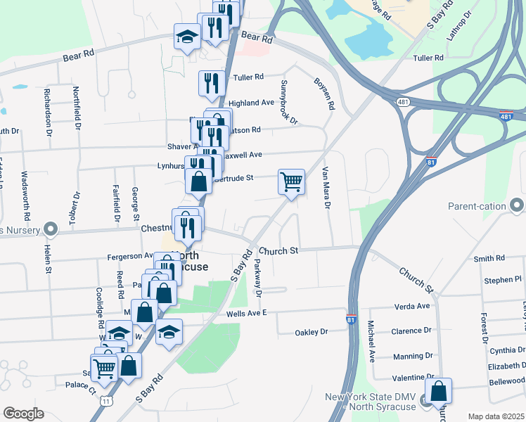 map of restaurants, bars, coffee shops, grocery stores, and more near 720 South Bay Road in North Syracuse