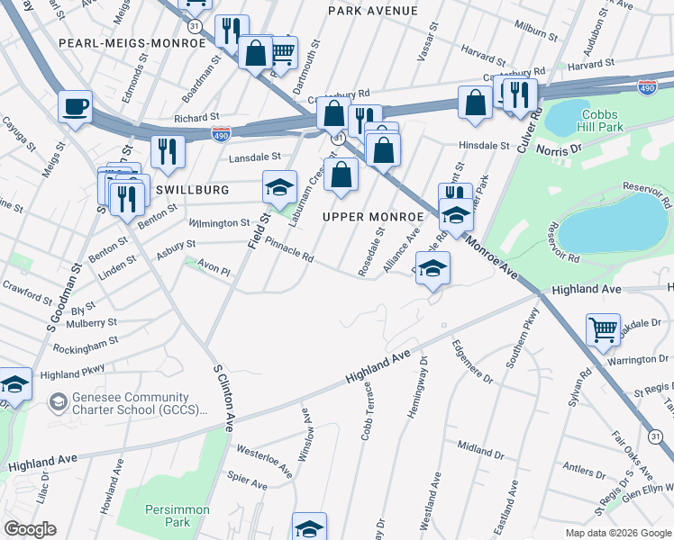 map of restaurants, bars, coffee shops, grocery stores, and more near Pinnacle Road & Shepard Street in Rochester