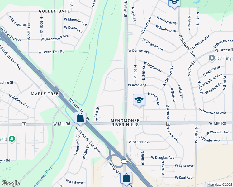 map of restaurants, bars, coffee shops, grocery stores, and more near 9115 West Riverwoods Drive in Milwaukee