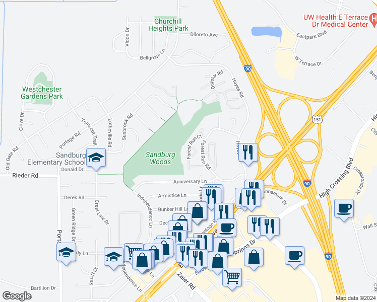 map of restaurants, bars, coffee shops, grocery stores, and more near 3279-3309 Forest Run Ct in Madison
