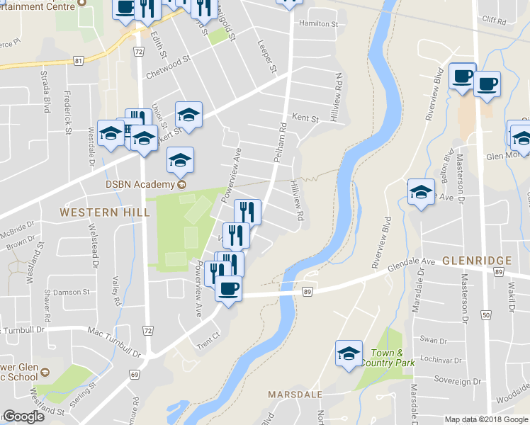 map of restaurants, bars, coffee shops, grocery stores, and more near 173 Pelham Road in St. Catharines