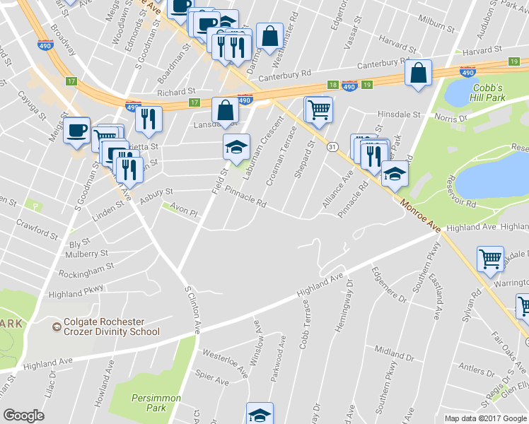 map of restaurants, bars, coffee shops, grocery stores, and more near 208 Crosman Terrace in Rochester
