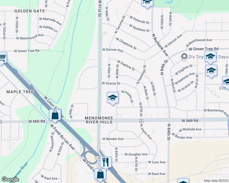 map of restaurants, bars, coffee shops, grocery stores, and more near 6549 North 89th Street in Milwaukee