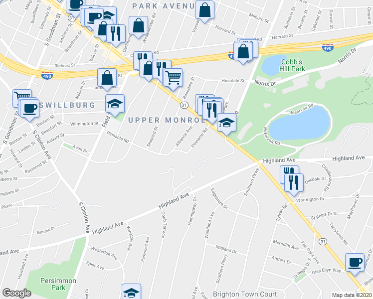 map of restaurants, bars, coffee shops, grocery stores, and more near 99 Pinnacle Road in Rochester