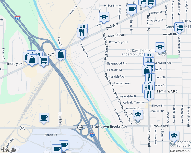 map of restaurants, bars, coffee shops, grocery stores, and more near 233 Westfield Street in Rochester