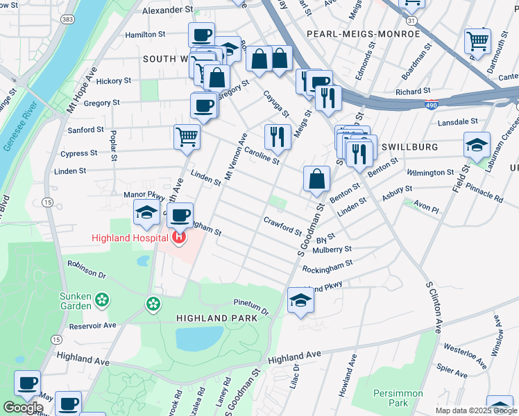 map of restaurants, bars, coffee shops, grocery stores, and more near 905 Meigs St in Rochester