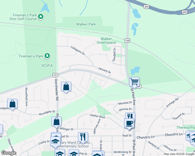 map of restaurants, bars, coffee shops, grocery stores, and more near 2326 Terravita Drive in Niagara Falls