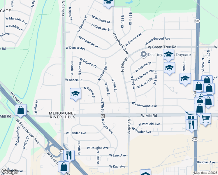 map of restaurants, bars, coffee shops, grocery stores, and more near 6546 North 86th Street in Milwaukee