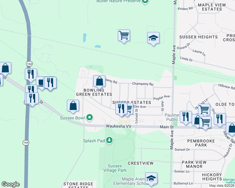 map of restaurants, bars, coffee shops, grocery stores, and more near W243N6575 Oxford Drive in Sussex