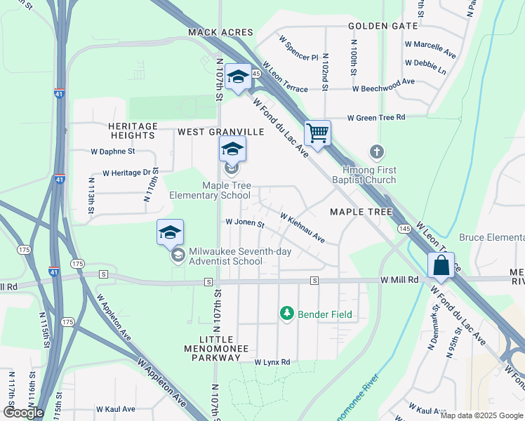 map of restaurants, bars, coffee shops, grocery stores, and more near 10427 West Kiehnau Avenue in Milwaukee