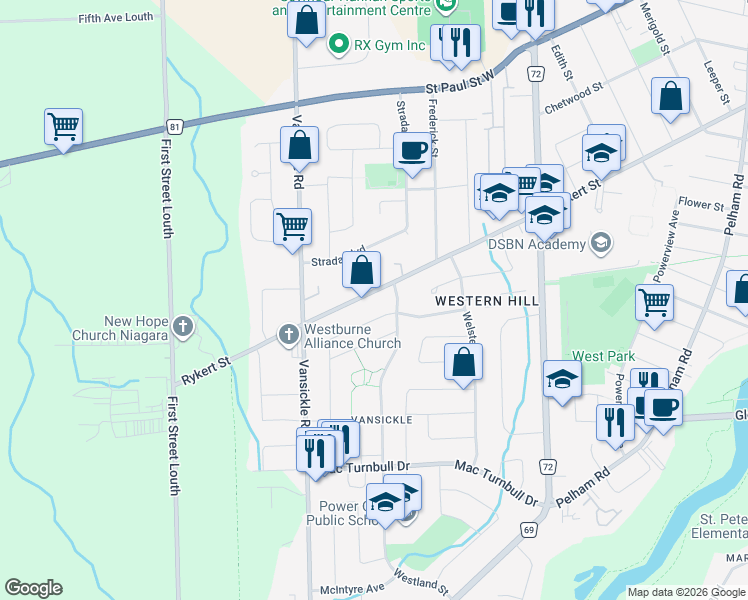 map of restaurants, bars, coffee shops, grocery stores, and more near 195 Rykert Street in St. Catharines