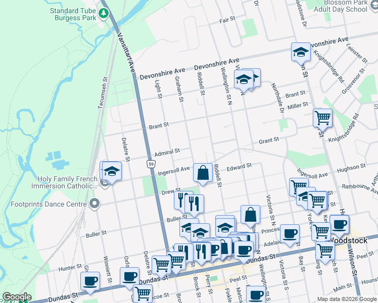 map of restaurants, bars, coffee shops, grocery stores, and more near 206 Graham Street in Woodstock