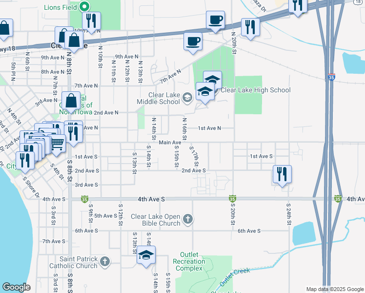 map of restaurants, bars, coffee shops, grocery stores, and more near 1509 Main Avenue in Clear Lake