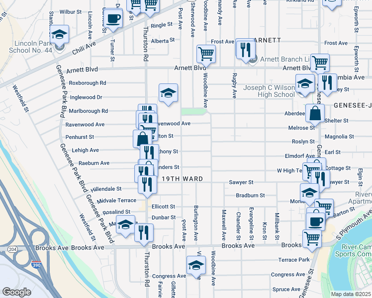 map of restaurants, bars, coffee shops, grocery stores, and more near 76 Anthony Street in Rochester