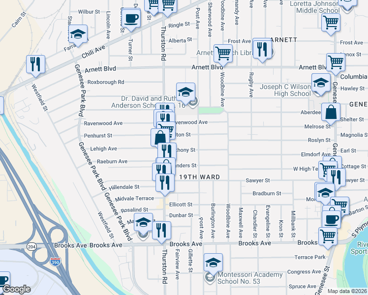 map of restaurants, bars, coffee shops, grocery stores, and more near 124 Anthony Street in Rochester