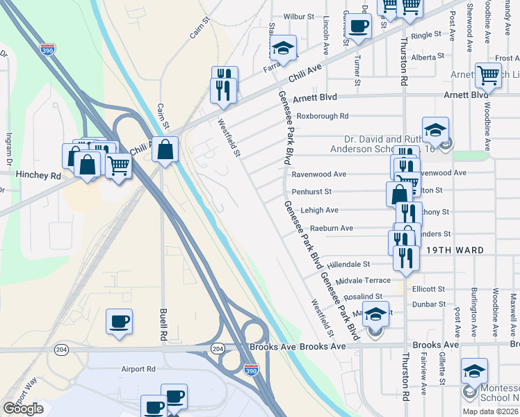 map of restaurants, bars, coffee shops, grocery stores, and more near 233 Westfield Street in Rochester