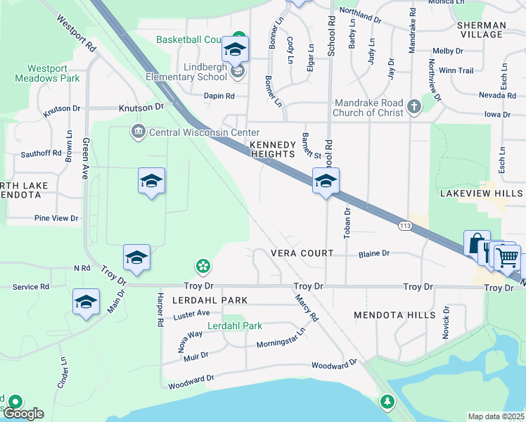 map of restaurants, bars, coffee shops, grocery stores, and more near 57 Northridge Terrace in Madison