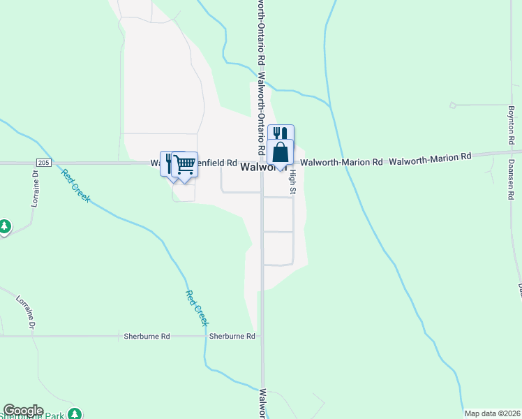 map of restaurants, bars, coffee shops, grocery stores, and more near 3663 Main Street in Walworth