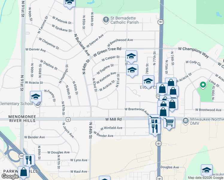 map of restaurants, bars, coffee shops, grocery stores, and more near 8112 W Clovernook St in Milwaukee