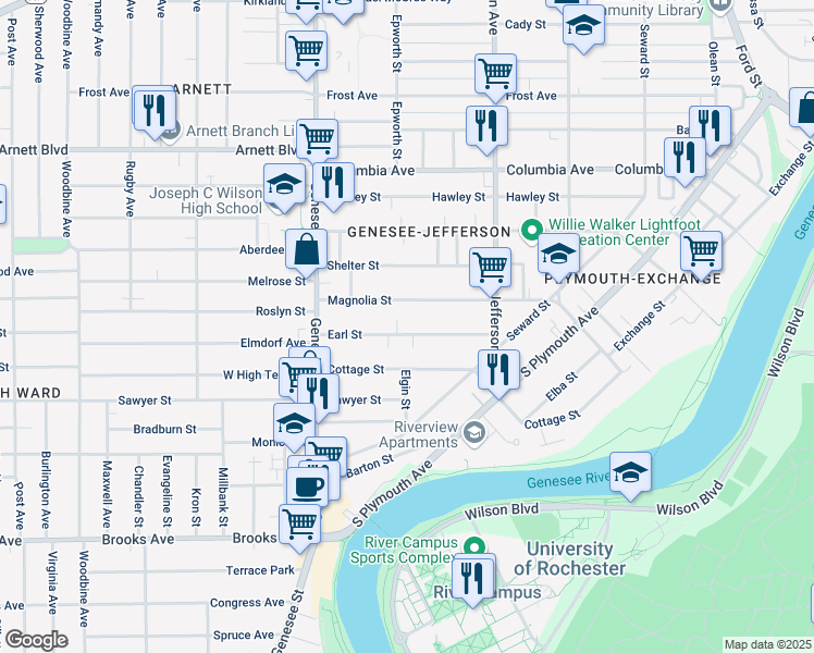 map of restaurants, bars, coffee shops, grocery stores, and more near 120 Earl Street in Rochester