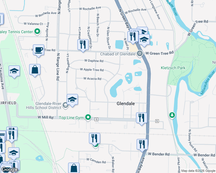 map of restaurants, bars, coffee shops, grocery stores, and more near 6590 North Atwahl Drive in Glendale