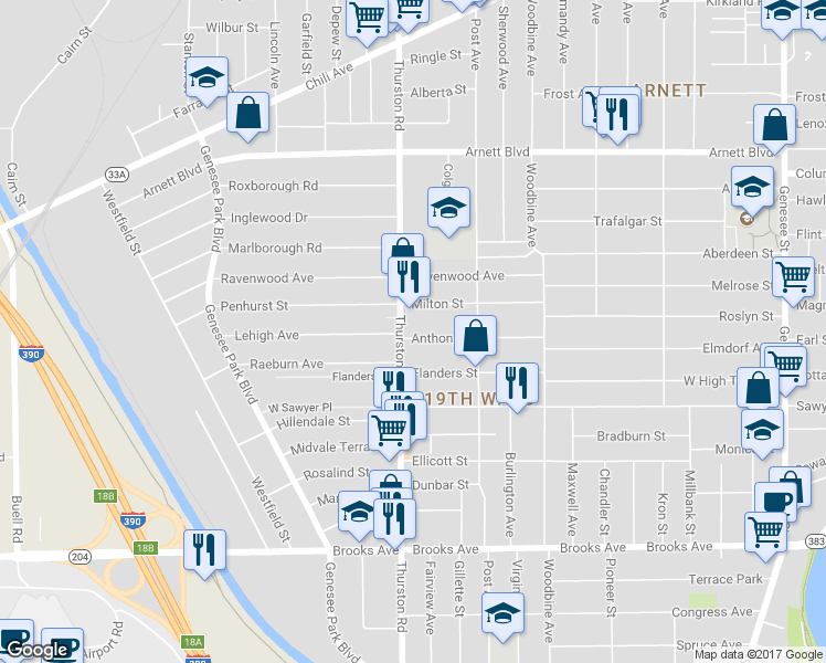 map of restaurants, bars, coffee shops, grocery stores, and more near 180 Anthony Street in Rochester