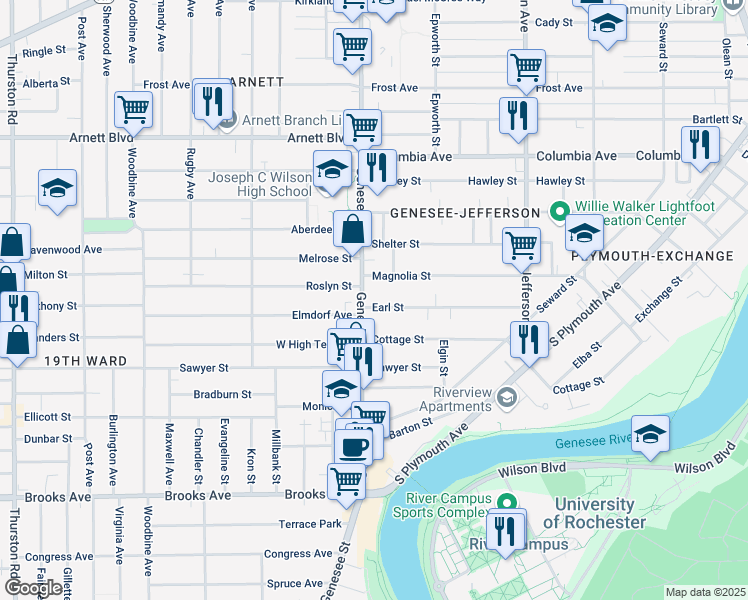 map of restaurants, bars, coffee shops, grocery stores, and more near 234 Earl Street in Rochester