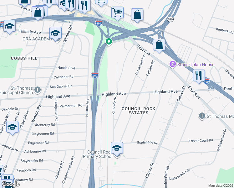 map of restaurants, bars, coffee shops, grocery stores, and more near Highland Avenue & Gould Street in Rochester