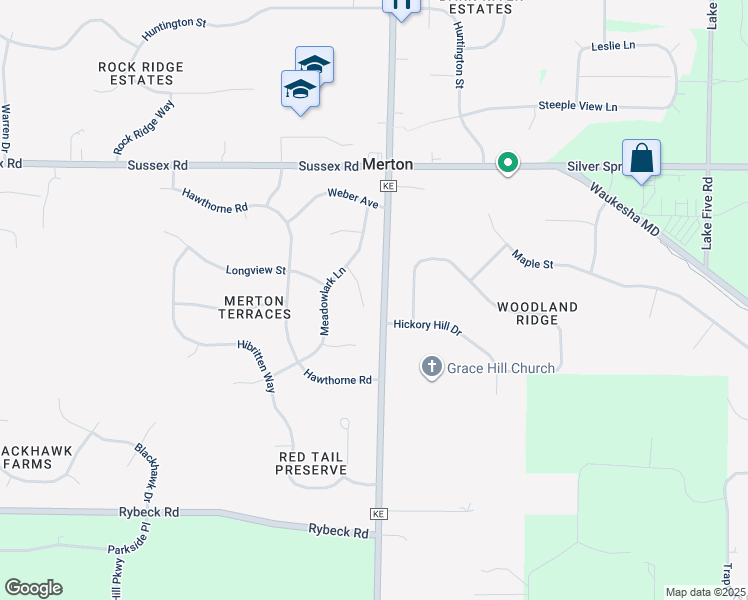 map of restaurants, bars, coffee shops, grocery stores, and more near W282N6570 Irving Place in Hartland