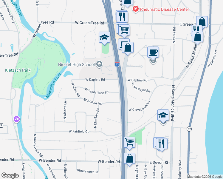 map of restaurants, bars, coffee shops, grocery stores, and more near 506 West Apple Tree Road in Glendale