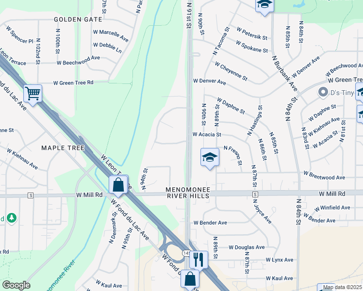 map of restaurants, bars, coffee shops, grocery stores, and more near 9115 West Riverwoods Drive in Milwaukee