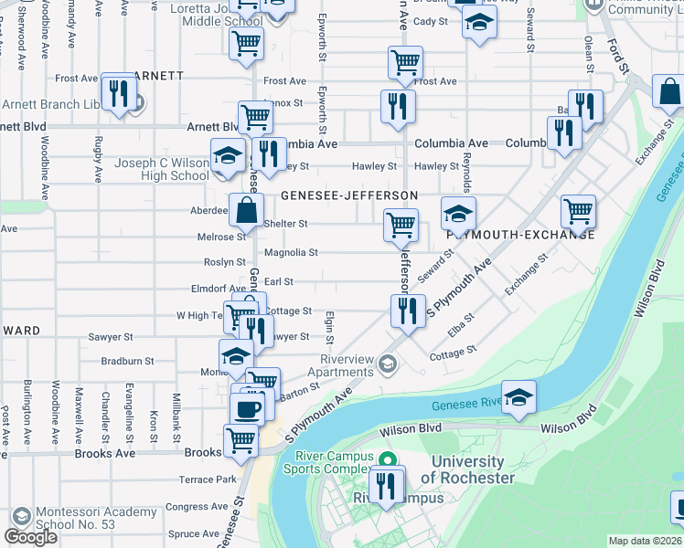 map of restaurants, bars, coffee shops, grocery stores, and more near 102 Earl Street in Rochester