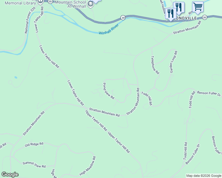 map of restaurants, bars, coffee shops, grocery stores, and more near 34 Nuthatch Road in Winhall